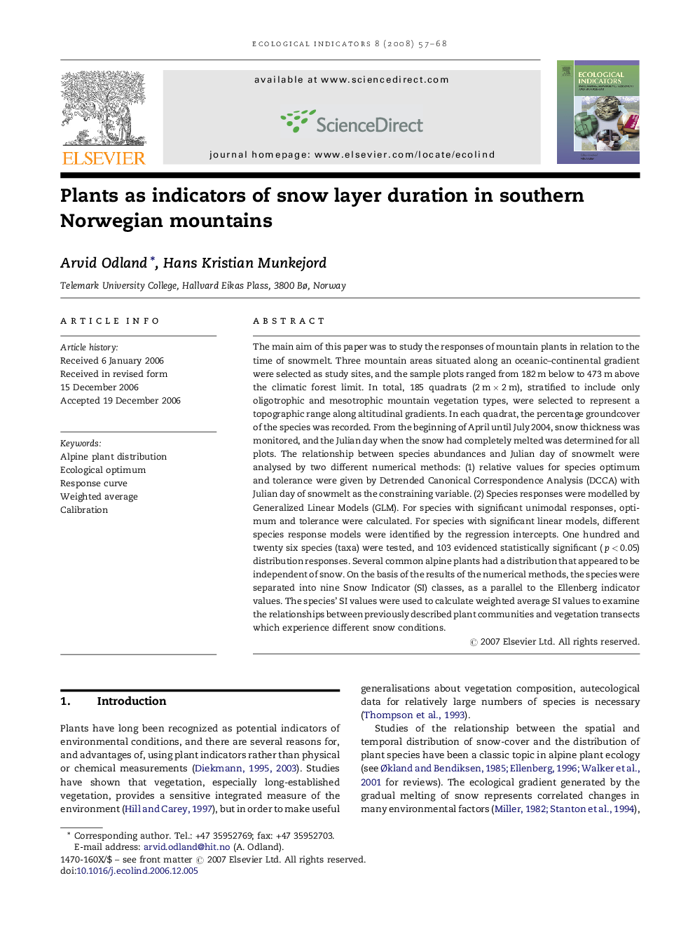 Plants as indicators of snow layer duration in southern Norwegian mountains