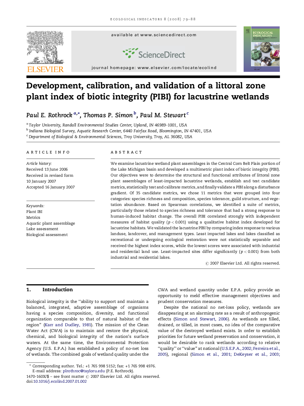 Development, calibration, and validation of a littoral zone plant index of biotic integrity (PIBI) for lacustrine wetlands