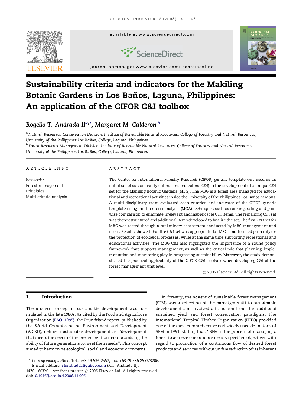 Sustainability criteria and indicators for the Makiling Botanic Gardens in Los Baños, Laguna, Philippines: An application of the CIFOR C&I toolbox