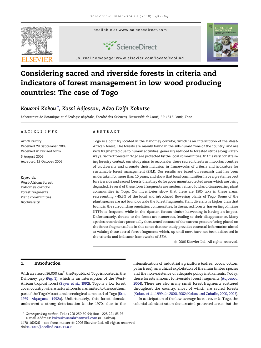 عکس صفحه اول مقاله: Considering sacred and riverside forests in criteria and indicators of forest management in low wood producing countries: The case of Togo Considering sacred and riverside forests in criteria and indicators of forest management in low wood producing countries: The case of Togo