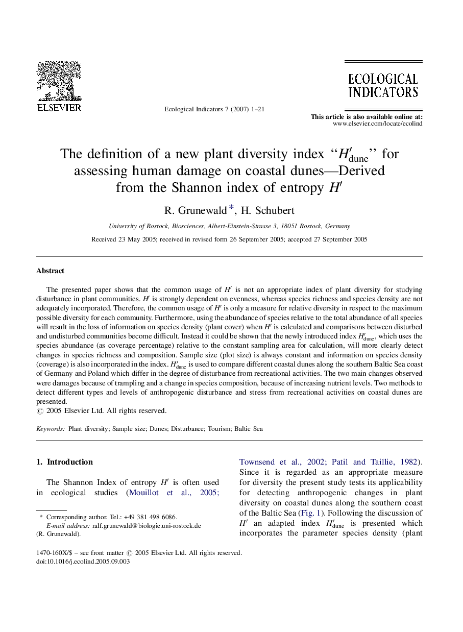 The definition of a new plant diversity index “H′duneH′dune” for assessing human damage on coastal dunes—Derived from the Shannon index of entropy H′