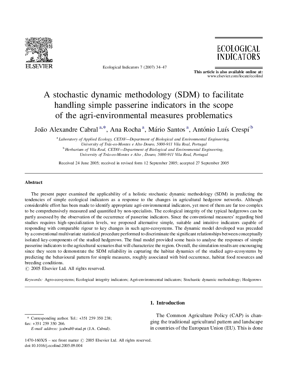 A stochastic dynamic methodology (SDM) to facilitate handling simple passerine indicators in the scope of the agri-environmental measures problematics