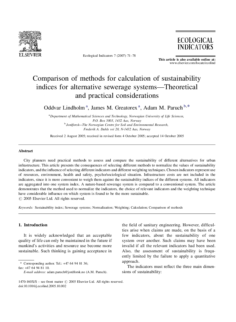 Comparison of methods for calculation of sustainability indices for alternative sewerage systems—Theoretical and practical considerations