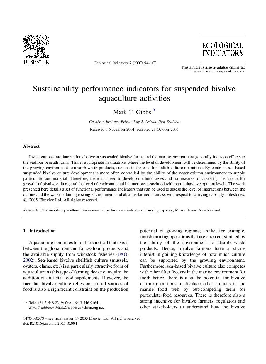 Sustainability performance indicators for suspended bivalve aquaculture activities