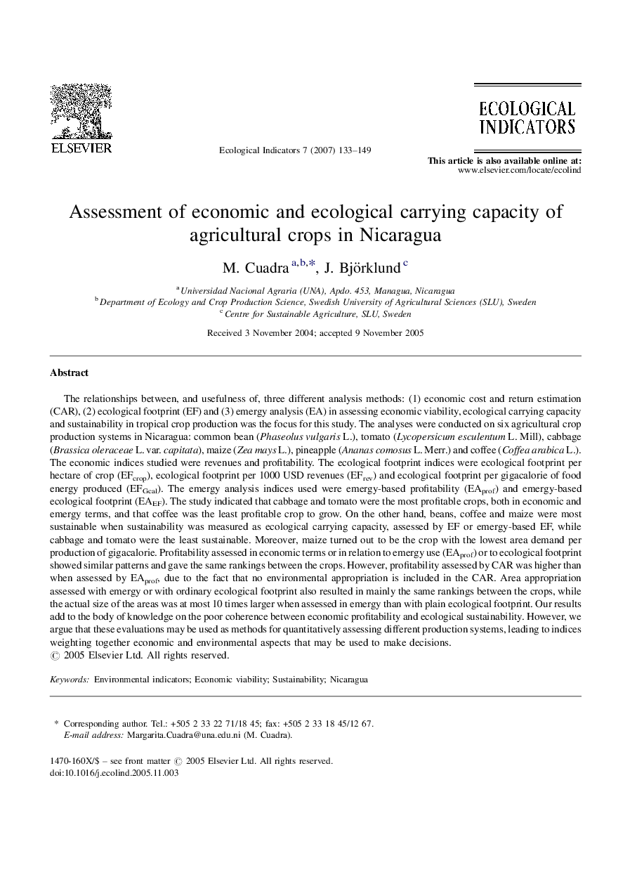 Assessment of economic and ecological carrying capacity of agricultural crops in Nicaragua