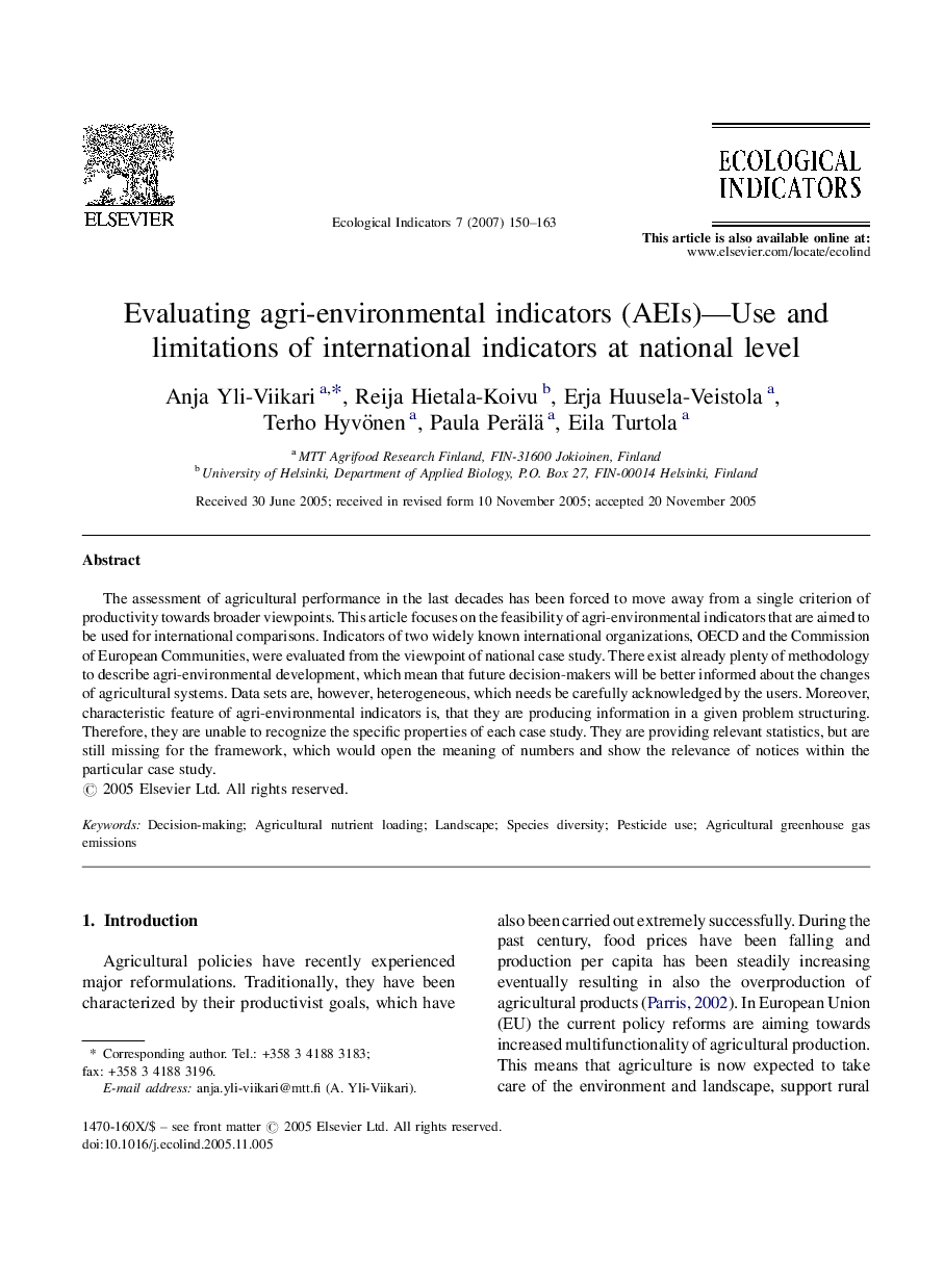 Evaluating agri-environmental indicators (AEIs)-Use and limitations of international indicators at national level