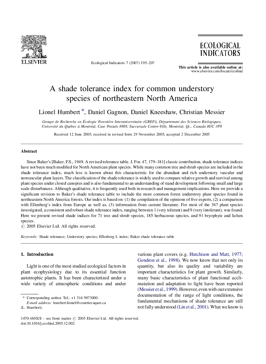 A shade tolerance index for common understory species of northeastern North America