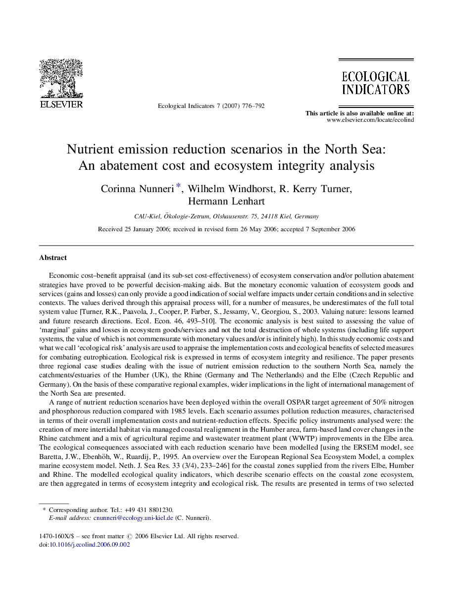 Nutrient emission reduction scenarios in the North Sea: An abatement cost and ecosystem integrity analysis