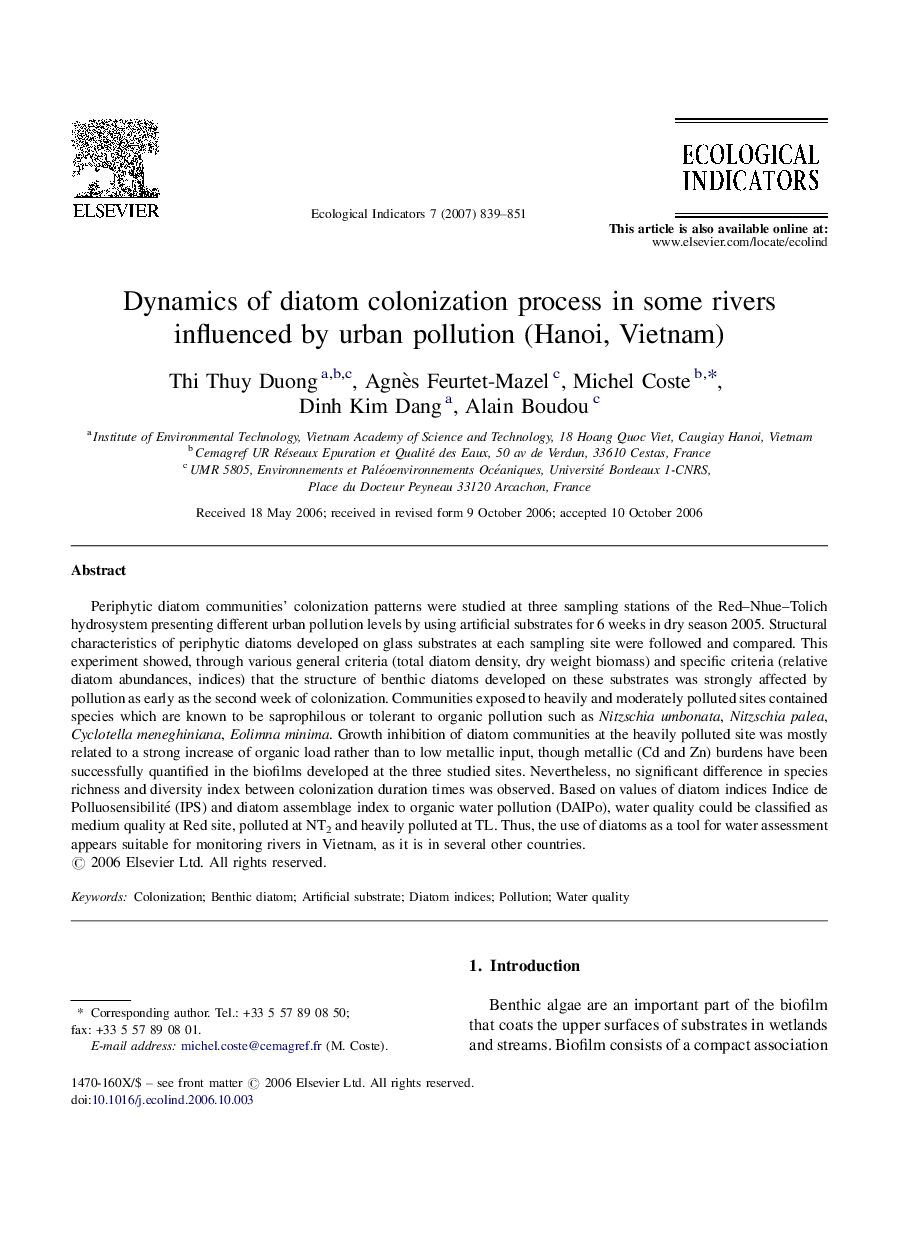 Dynamics of diatom colonization process in some rivers influenced by urban pollution (Hanoi, Vietnam)