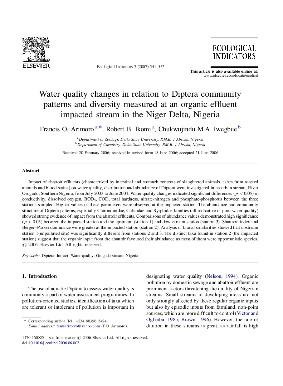 عکس صفحه اول مقاله: Water quality changes in relation to Diptera community patterns and diversity measured at an organic effluent impacted stream in the Niger Delta, Nigeria Water quality changes in relation to Diptera community patterns and diversity measured at an organic effluent impacted stream in the Niger Delta, Nigeria