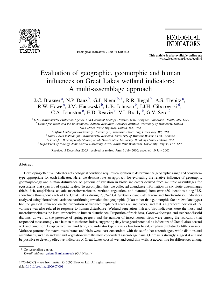 Evaluation of geographic, geomorphic and human influences on Great Lakes wetland indicators: A multi-assemblage approach