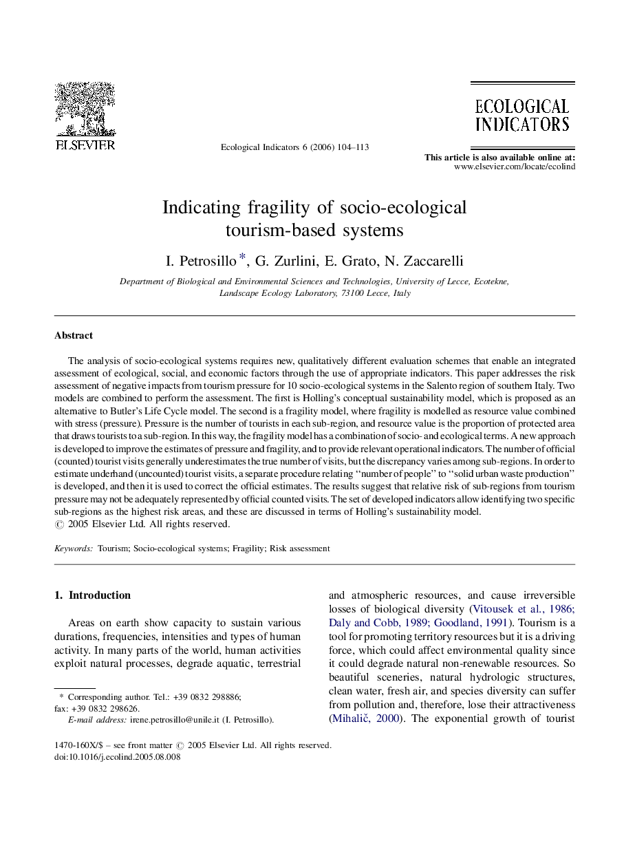 Indicating fragility of socio-ecological tourism-based systems