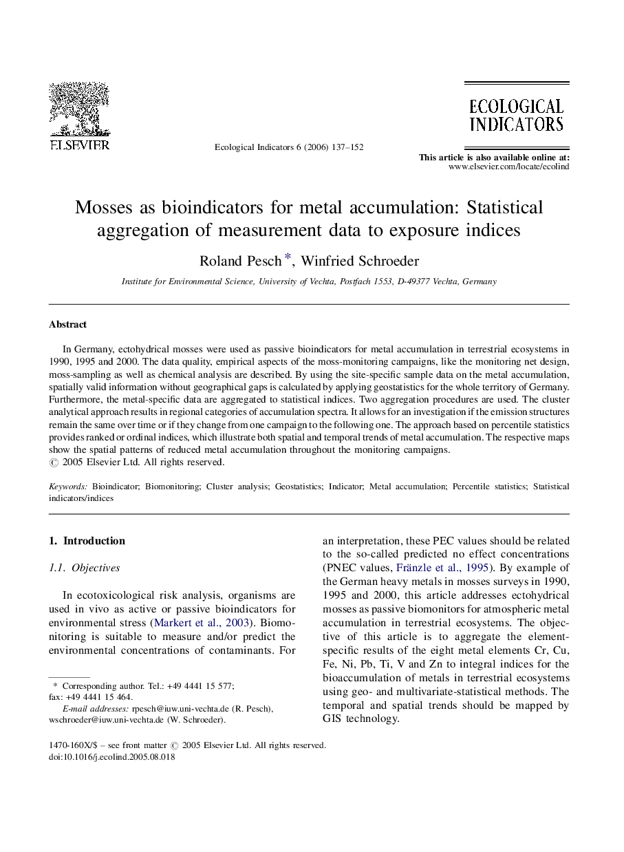 Mosses as bioindicators for metal accumulation: Statistical aggregation of measurement data to exposure indices