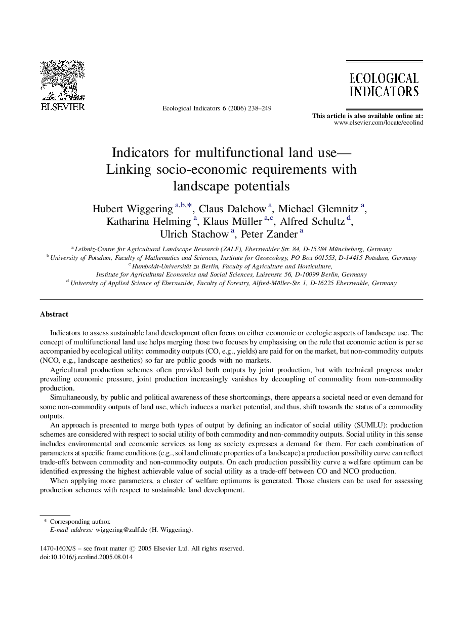 Indicators for multifunctional land use-Linking socio-economic requirements with landscape potentials