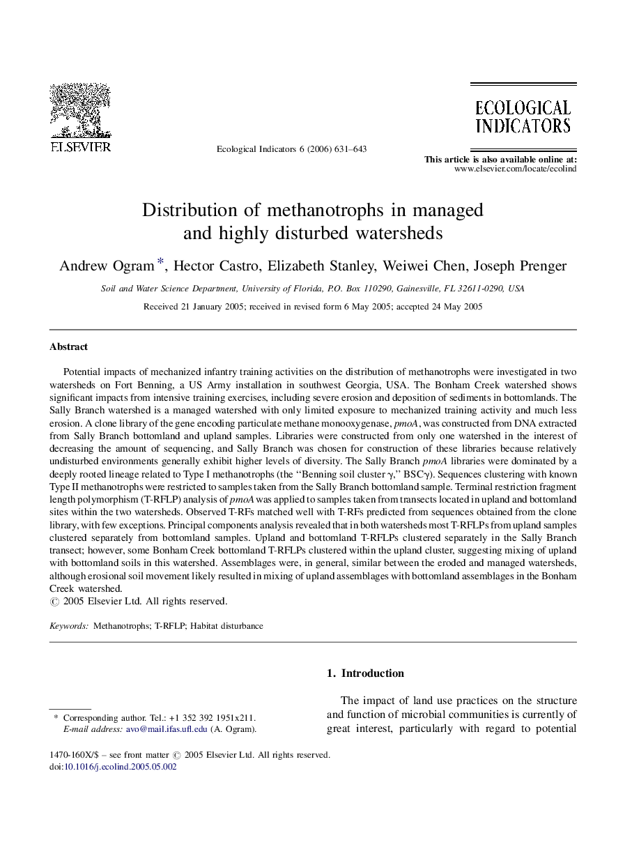 Distribution of methanotrophs in managed and highly disturbed watersheds