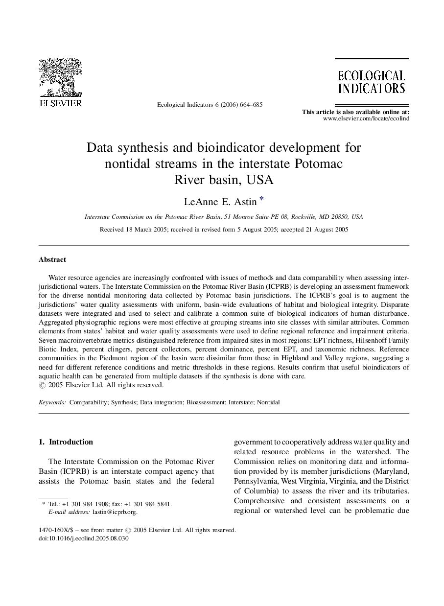 Data synthesis and bioindicator development for nontidal streams in the interstate Potomac River basin, USA