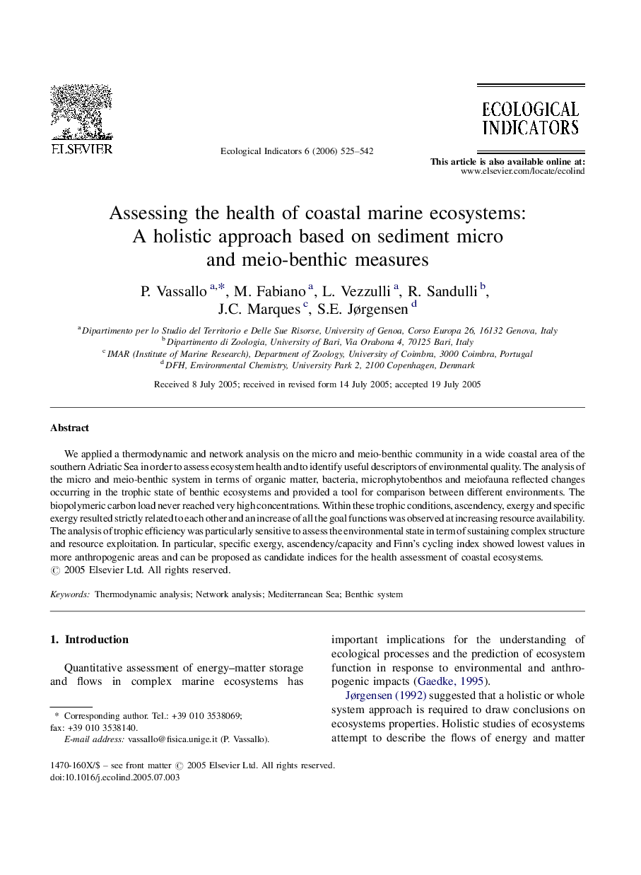 Assessing the health of coastal marine ecosystems: A holistic approach based on sediment micro and meio-benthic measures