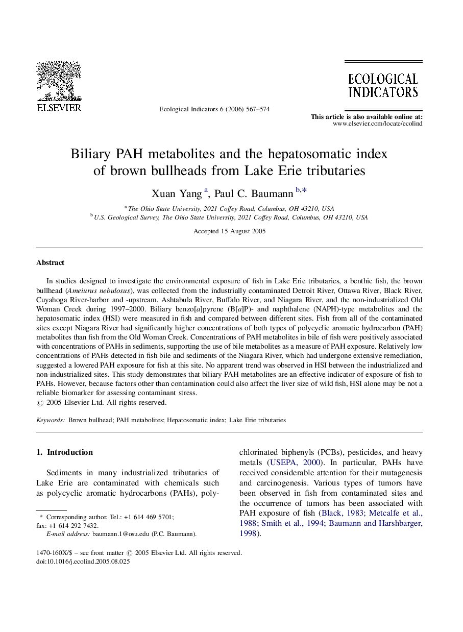 Biliary PAH metabolites and the hepatosomatic index of brown bullheads from Lake Erie tributaries