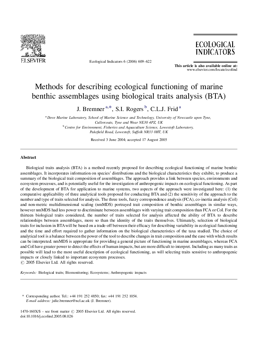 Methods for describing ecological functioning of marine benthic assemblages using biological traits analysis (BTA)