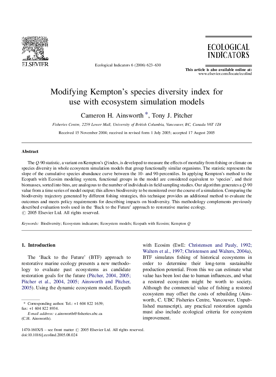 Modifying Kempton's species diversity index for use with ecosystem simulation models