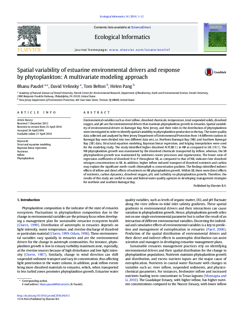 Spatial variability of estuarine environmental drivers and response by phytoplankton: A multivariate modeling approach