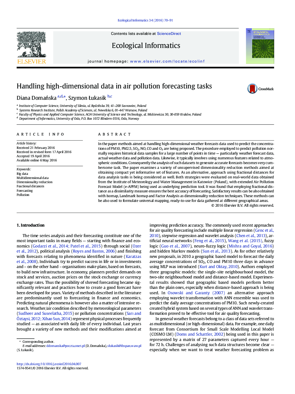 Handling high-dimensional data in air pollution forecasting tasks