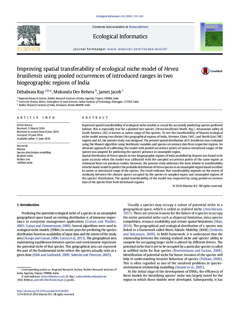 Improving spatial transferability of ecological niche model of Hevea brasiliensis using pooled occurrences of introduced ranges in two biogeographic regions of India