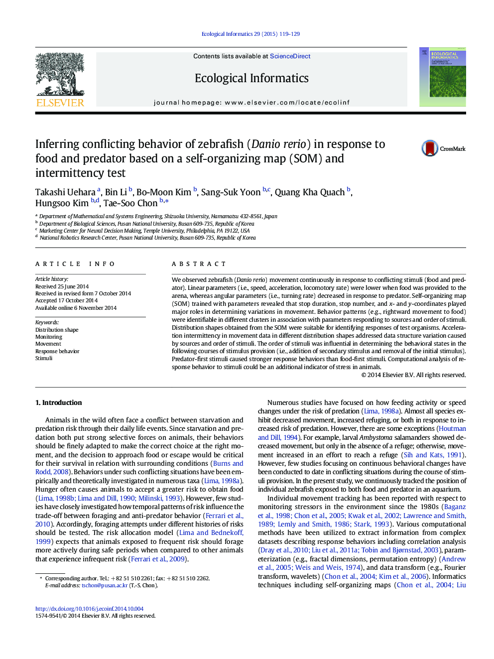 Inferring conflicting behavior of zebrafish (Danio rerio) in response to food and predator based on a self-organizing map (SOM) and intermittency test