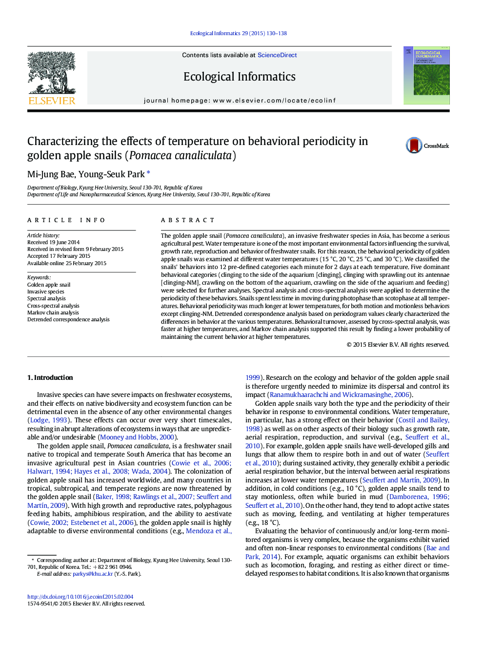 Characterizing the effects of temperature on behavioral periodicity in golden apple snails (Pomacea canaliculata)