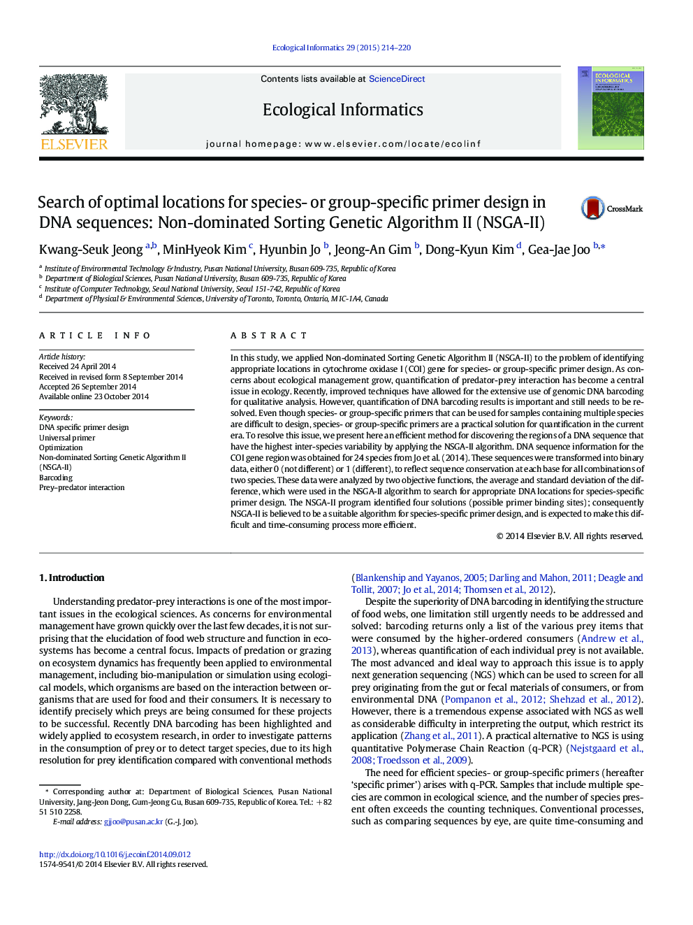 Search of optimal locations for species- or group-specific primer design in DNA sequences: Non-dominated Sorting Genetic Algorithm II (NSGA-II)