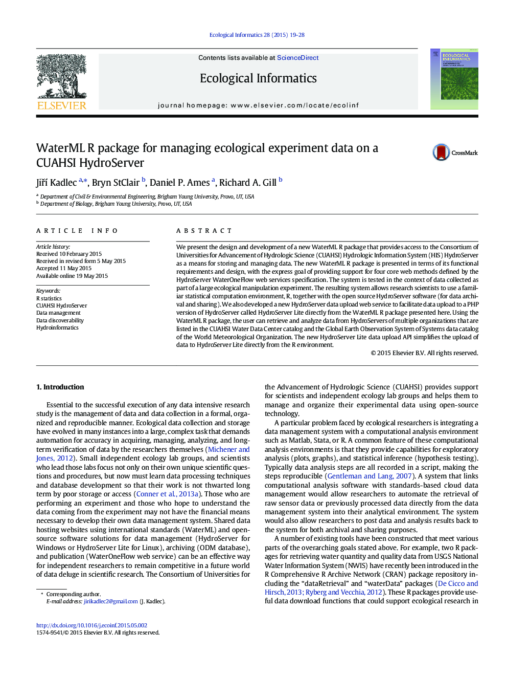 WaterML R package for managing ecological experiment data on a CUAHSI HydroServer