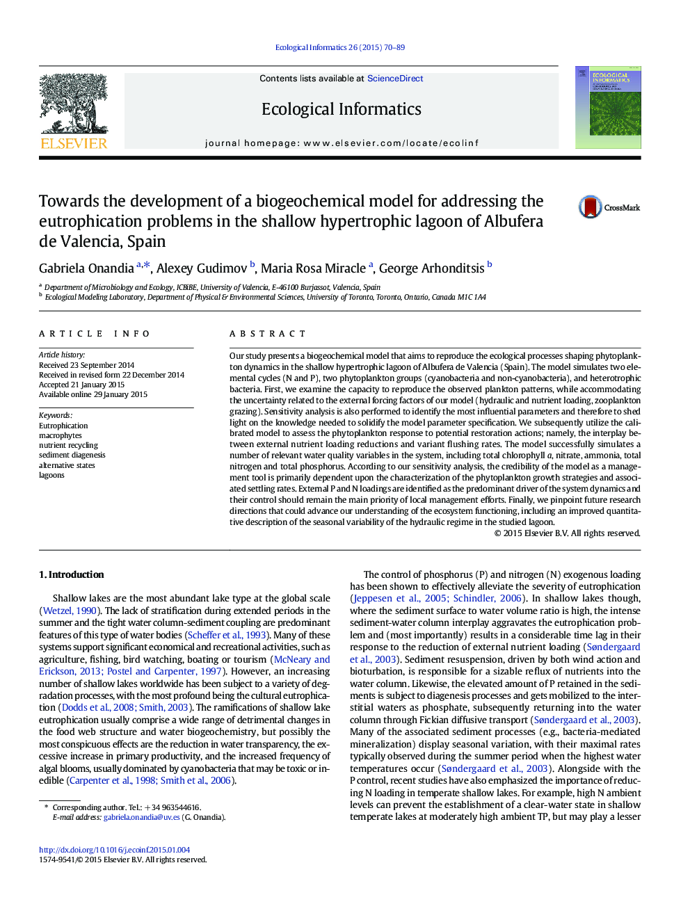 Towards the development of a biogeochemical model for addressing the eutrophication problems in the shallow hypertrophic lagoon of Albufera de Valencia, Spain