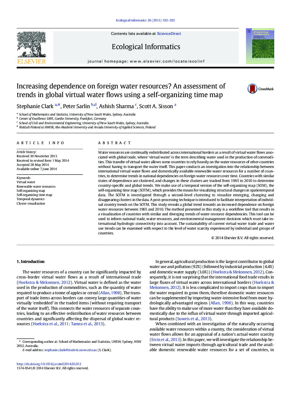 Increasing dependence on foreign water resources? An assessment of trends in global virtual water flows using a self-organizing time map