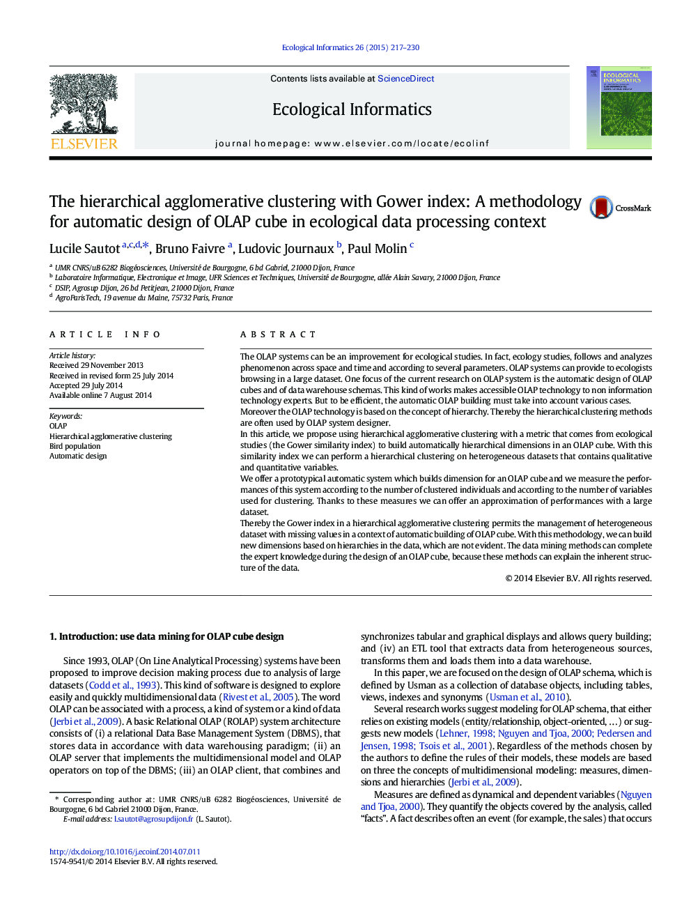 The hierarchical agglomerative clustering with Gower index: A methodology for automatic design of OLAP cube in ecological data processing context