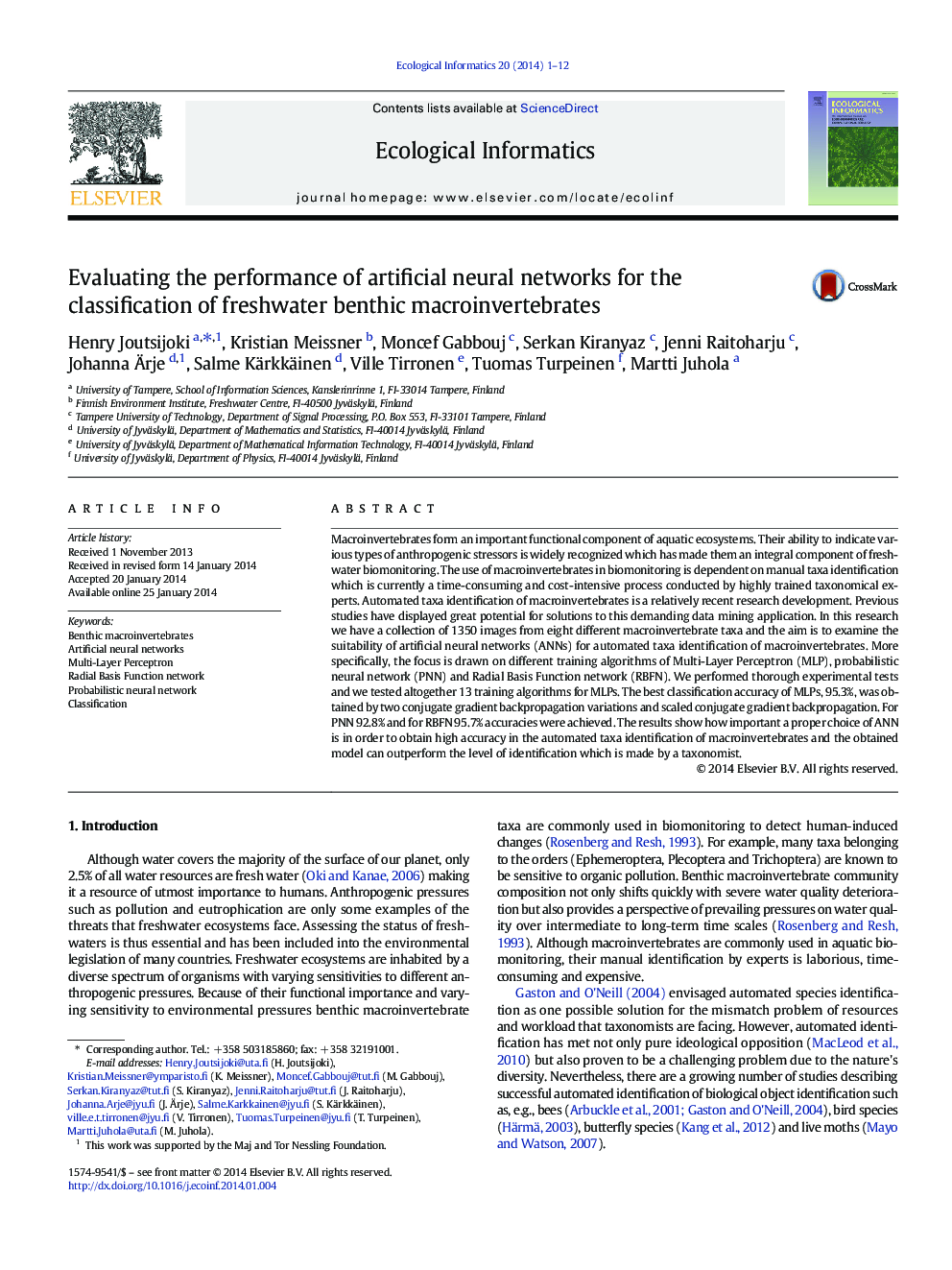 Evaluating the performance of artificial neural networks for the classification of freshwater benthic macroinvertebrates