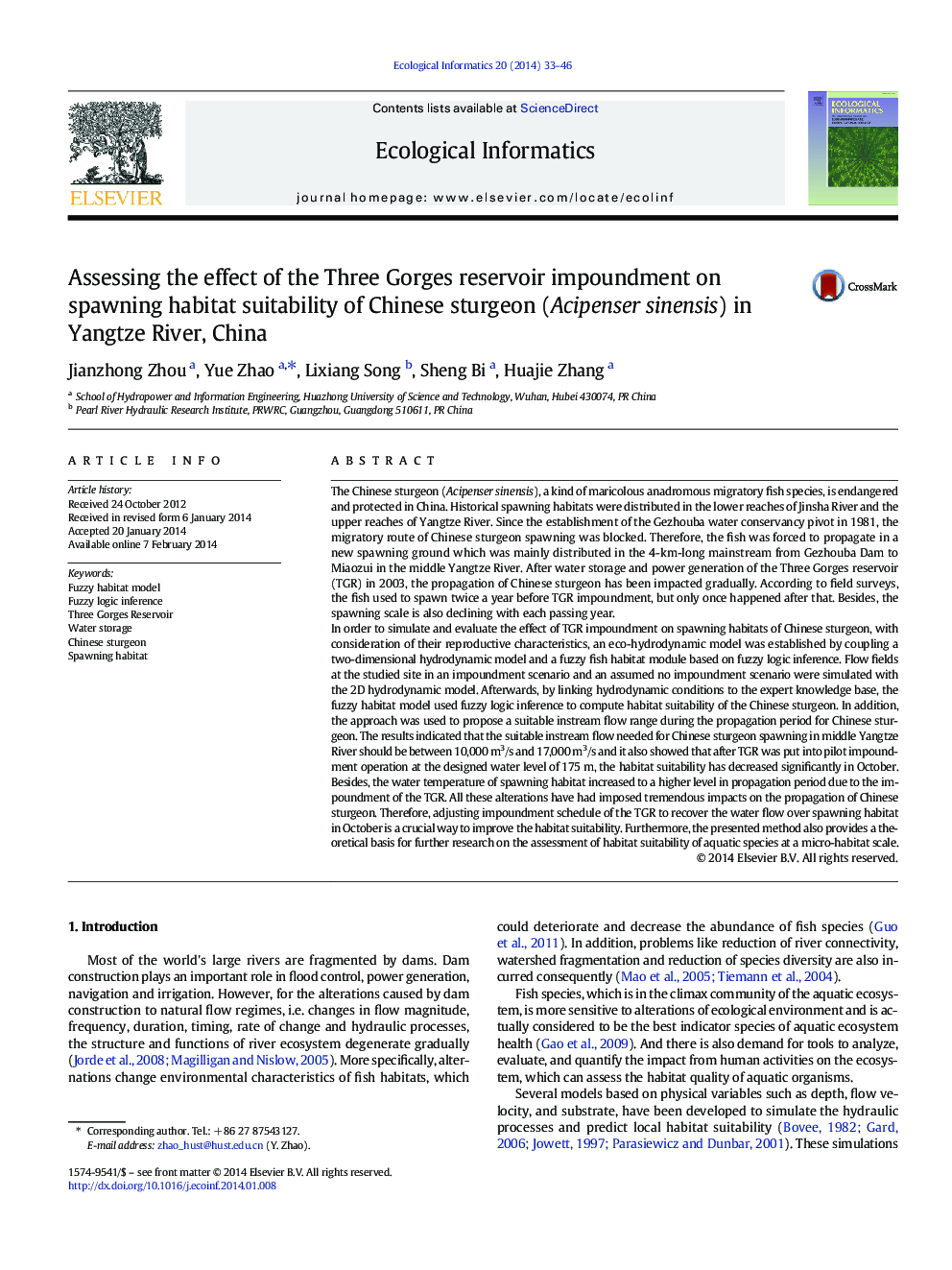 Assessing the effect of the Three Gorges reservoir impoundment on spawning habitat suitability of Chinese sturgeon (Acipenser sinensis) in Yangtze River, China