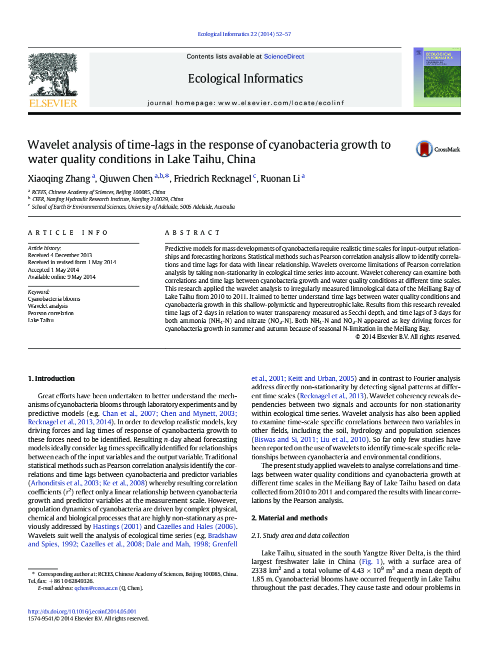 Wavelet analysis of time-lags in the response of cyanobacteria growth to water quality conditions in Lake Taihu, China