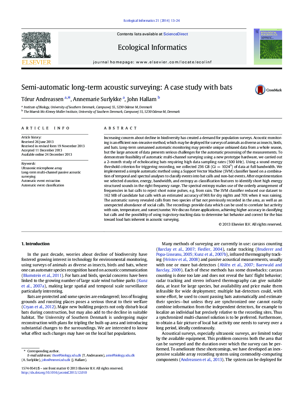 Semi-automatic long-term acoustic surveying: A case study with bats