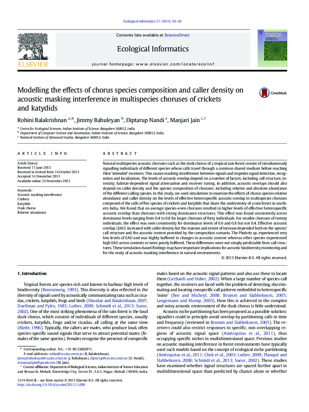 Modelling the effects of chorus species composition and caller density on acoustic masking interference in multispecies choruses of crickets and katydids