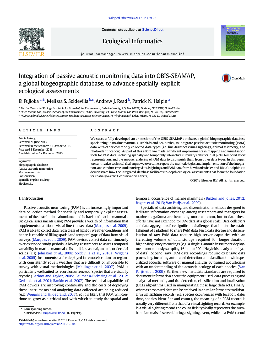 Integration of passive acoustic monitoring data into OBIS-SEAMAP, a global biogeographic database, to advance spatially-explicit ecological assessments