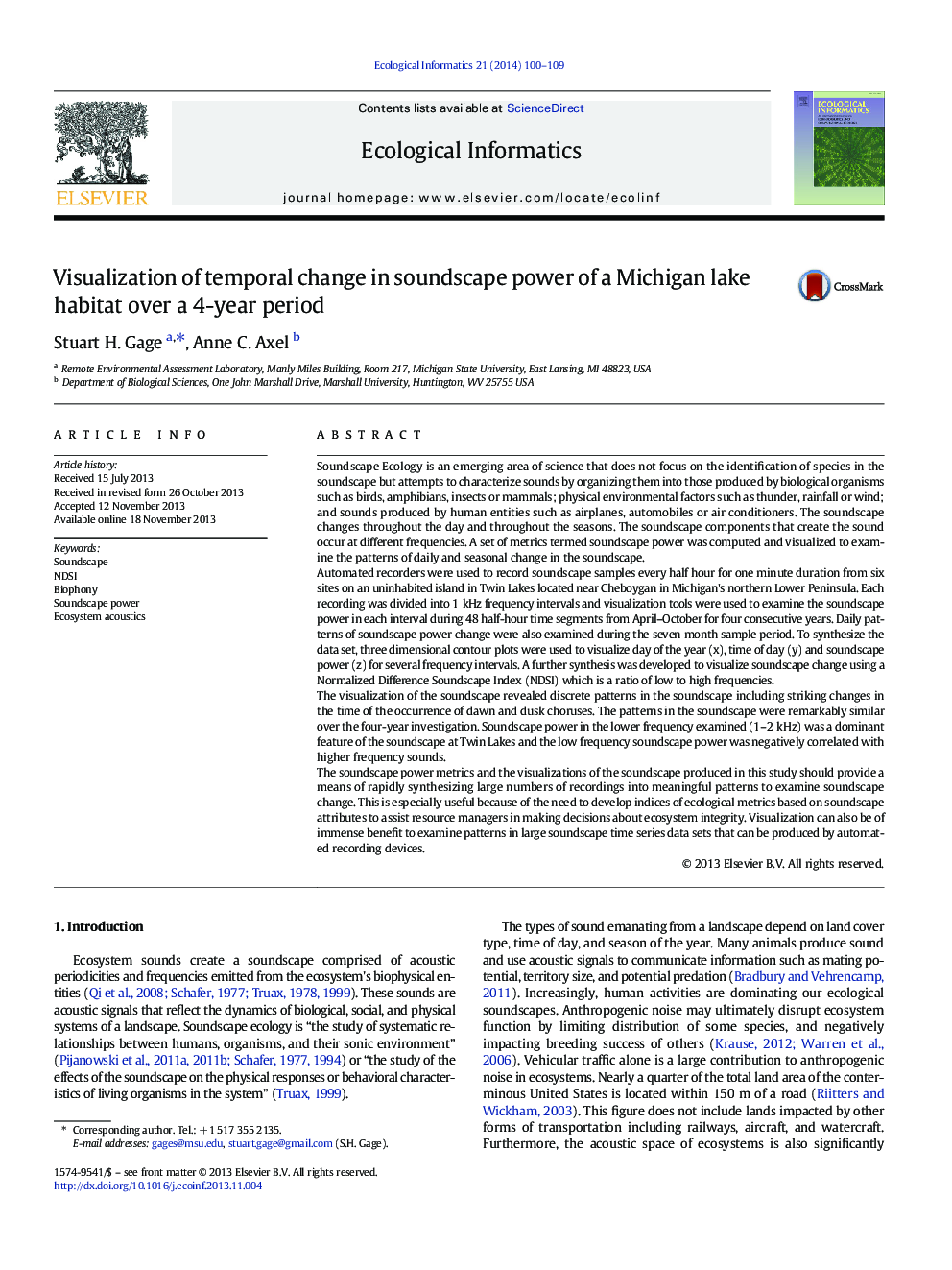 Visualization of temporal change in soundscape power of a Michigan lake habitat over a 4-year period