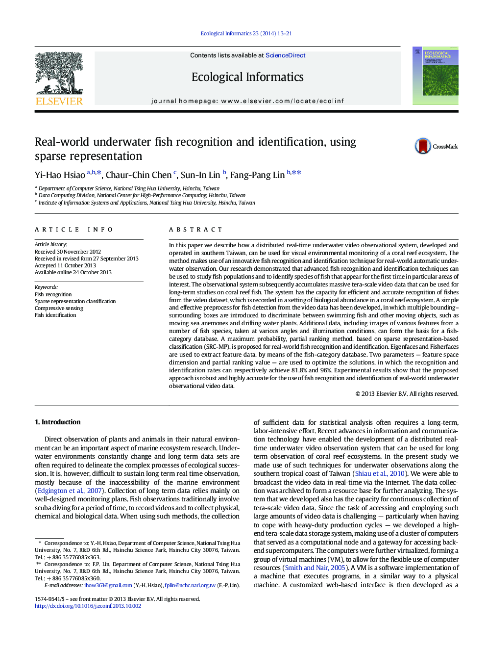 Real-world underwater fish recognition and identification, using sparse representation