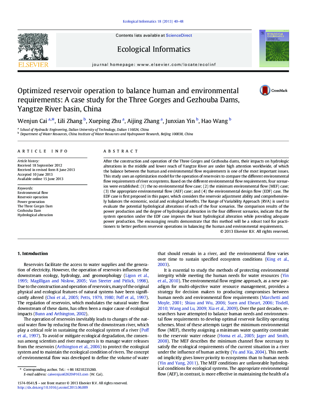 Optimized reservoir operation to balance human and environmental requirements: A case study for the Three Gorges and Gezhouba Dams, Yangtze River basin, China