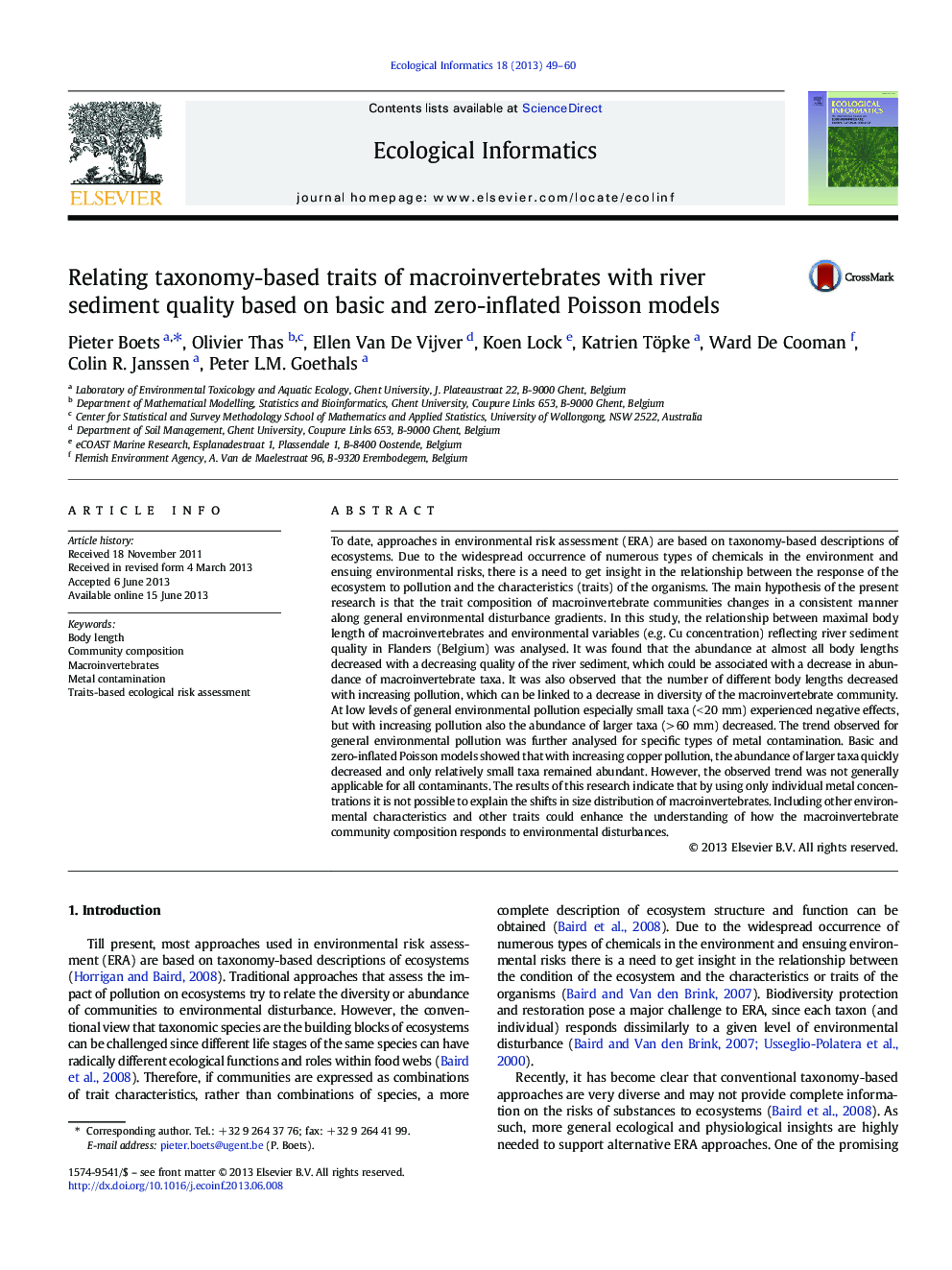 Relating taxonomy-based traits of macroinvertebrates with river sediment quality based on basic and zero-inflated Poisson models