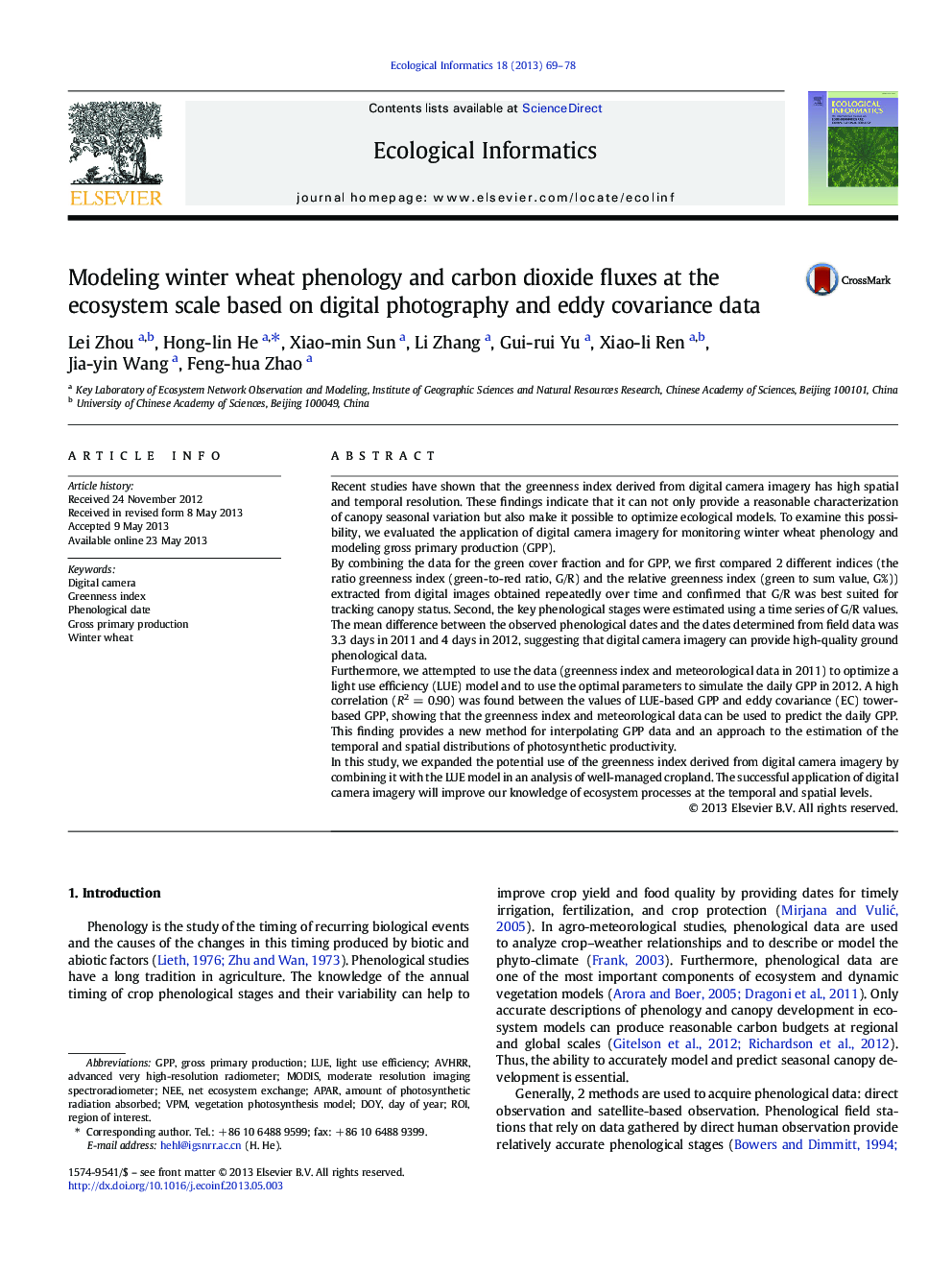 Modeling winter wheat phenology and carbon dioxide fluxes at the ecosystem scale based on digital photography and eddy covariance data