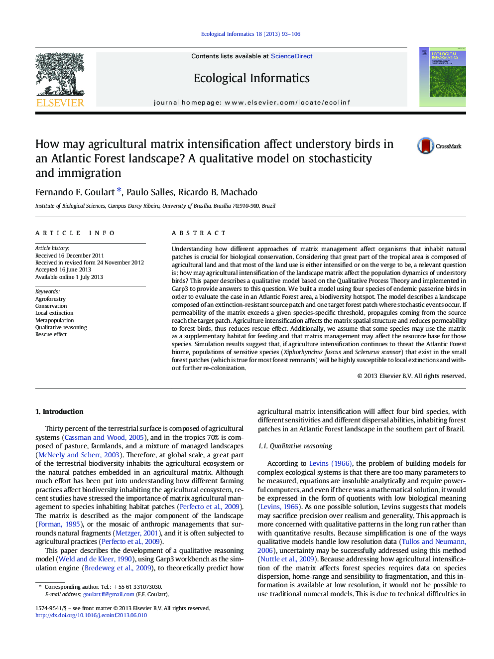 How may agricultural matrix intensification affect understory birds in an Atlantic Forest landscape? A qualitative model on stochasticity and immigration