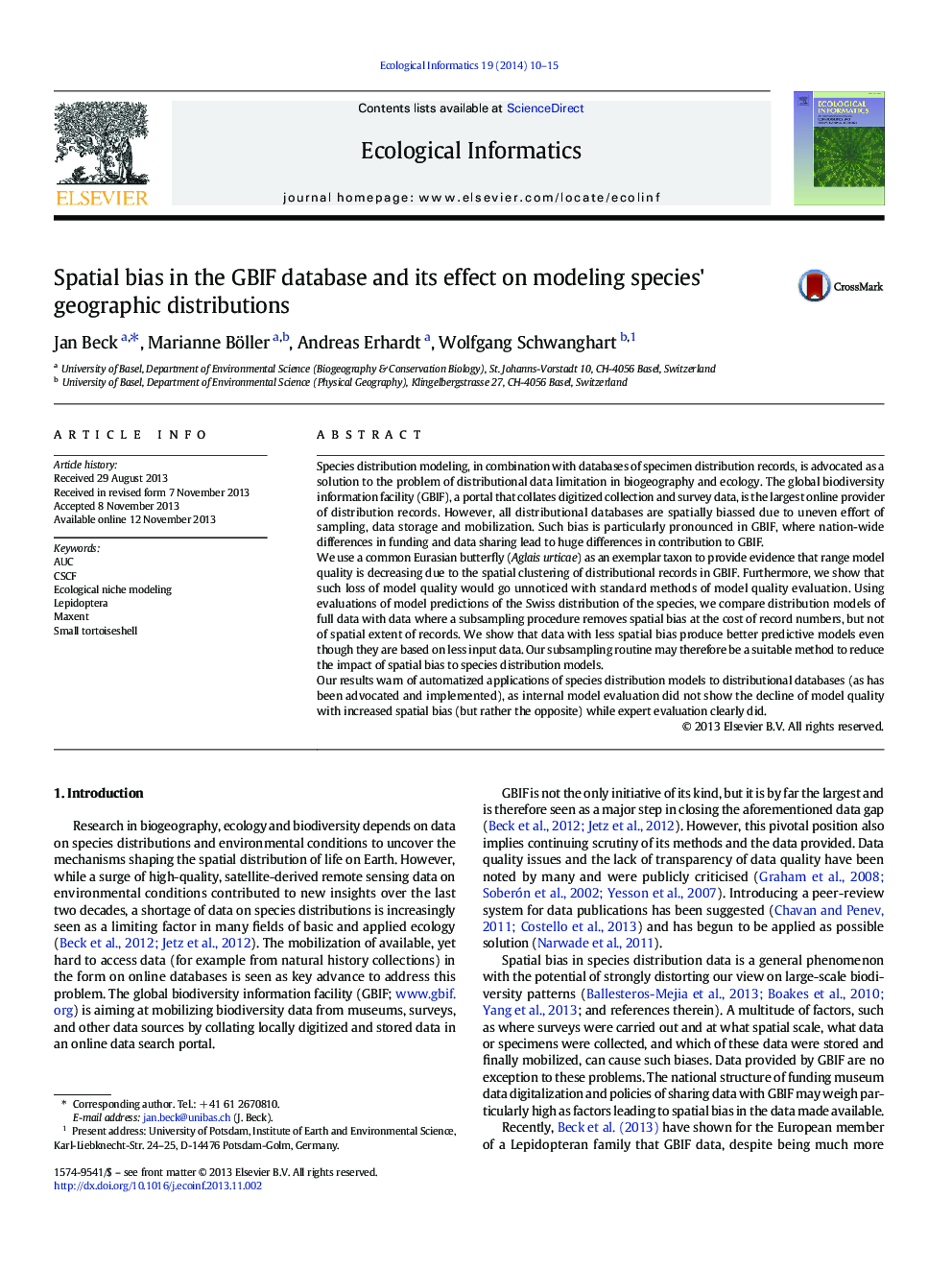 Spatial bias in the GBIF database and its effect on modeling species' geographic distributions