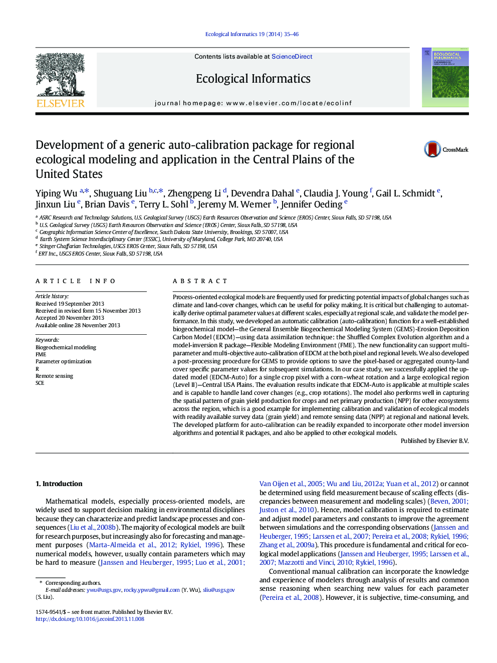 Development of a generic auto-calibration package for regional ecological modeling and application in the Central Plains of the United States