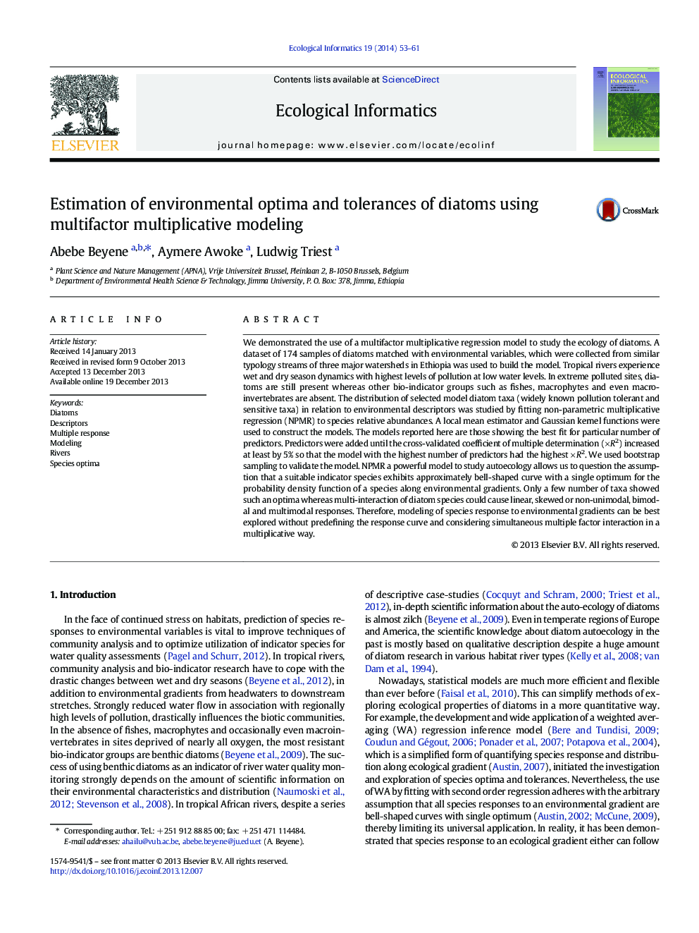 Estimation of environmental optima and tolerances of diatoms using multifactor multiplicative modeling