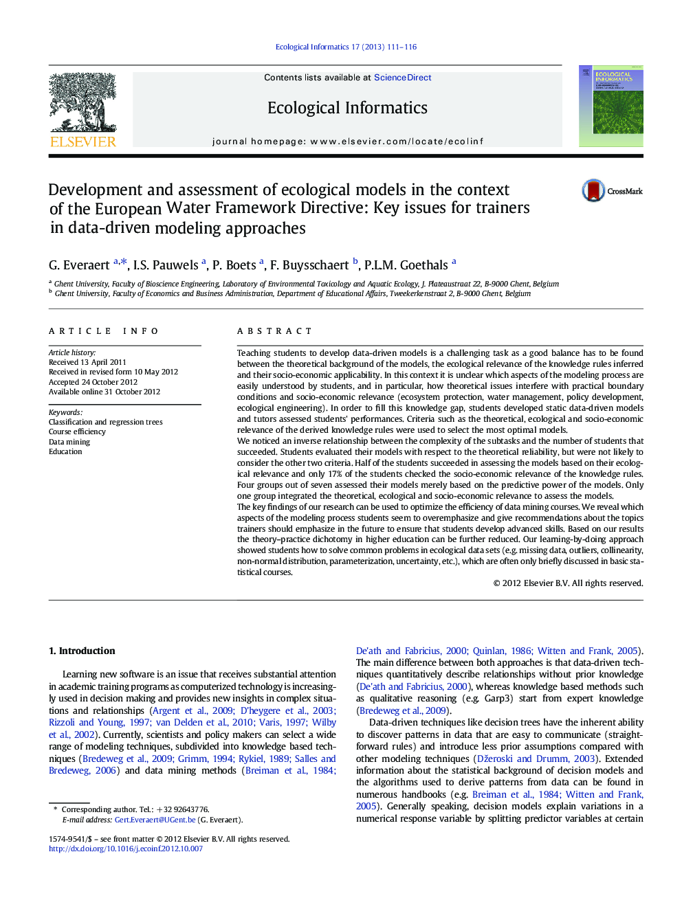 Development and assessment of ecological models in the context of the European Water Framework Directive: Key issues for trainers in data-driven modeling approaches